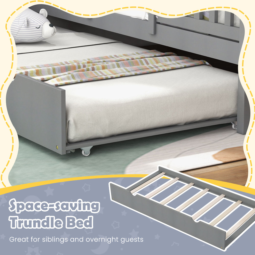Twin size gray trundle bed with roof, ideal for siblings and guests, featuring sturdy wooden frame and cozy design.