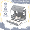 Twin size gray house bed frame with trundle, 82-inch tall roof, and sturdy wooden design for kids' rooms.