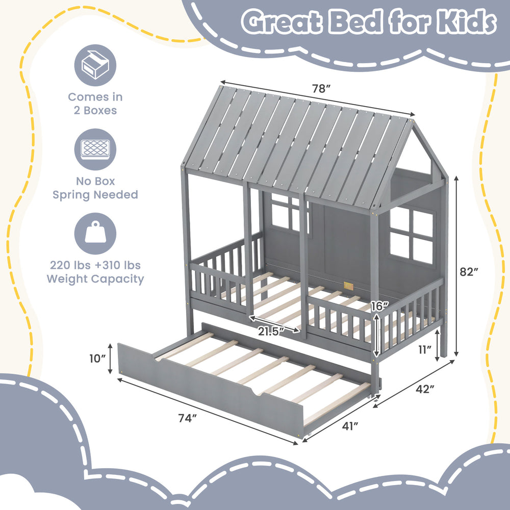 Twin size gray house bed frame with trundle, 82-inch tall roof, and sturdy wooden design for kids' rooms.