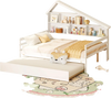 House-shaped daybed in white with twin size trundle, showcasing a cozy design and five storage cubes for toys and books.