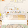 House-shaped full size daybed in white with twin size trundle and storage cubes, ideal for children's rooms.
