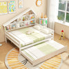 House-shaped full size daybed in white with twin trundle, showcasing a cozy design perfect for children's sleepovers.