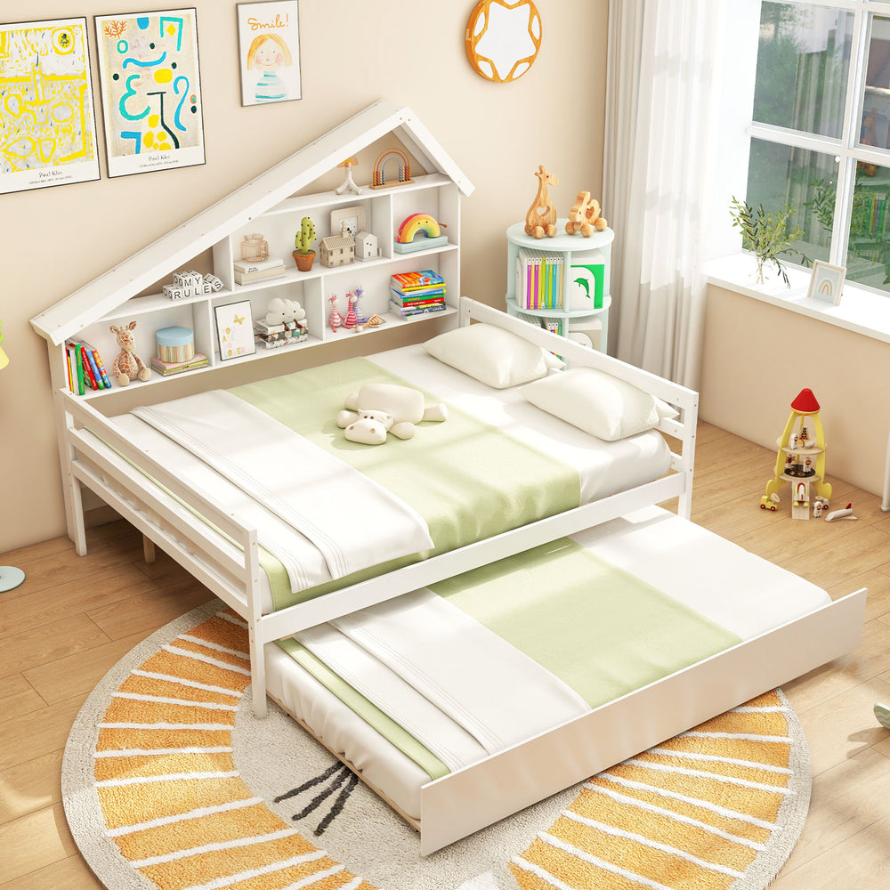 House-shaped full size daybed in white with twin trundle, showcasing a cozy design perfect for children's sleepovers.