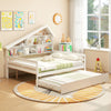 House-shaped full size daybed in white with twin trundle, featuring storage cubes and a sturdy wooden structure.