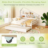House-shaped full size daybed with twin trundle, featuring built-in wheels for easy mobility and solid wood structure.