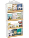House-shaped kids bookshelf in white with 4 tiers, anti-falling baffles, and a realistic design for playrooms and.