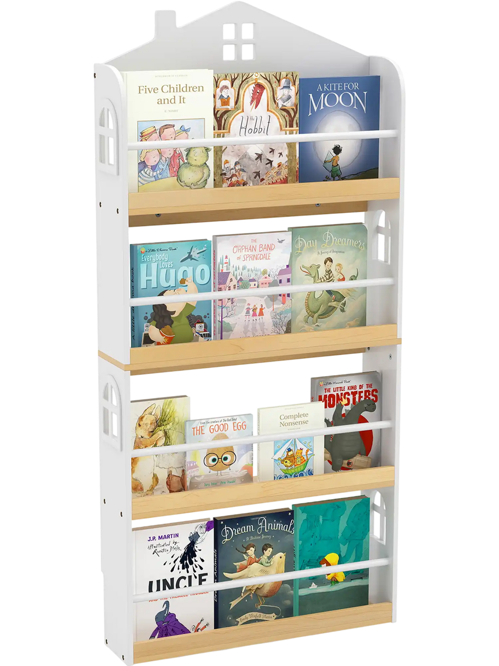 House-shaped kids bookshelf in white with 4 tiers, anti-falling baffles, and a realistic design for playrooms and.