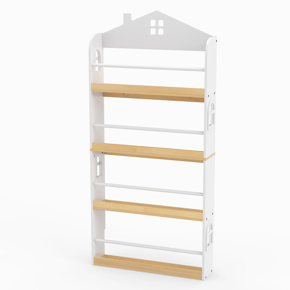 House-shaped kids bookshelf in white with 4 tiers, anti-falling baffles, and a charming roof design for playroom use.