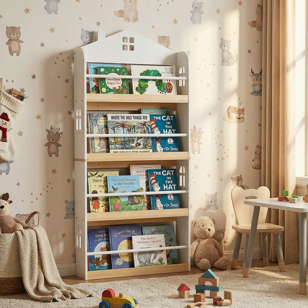 House-shaped kids bookshelf in white with 4 tiers, anti-falling baffles, and a charming design for playroom.