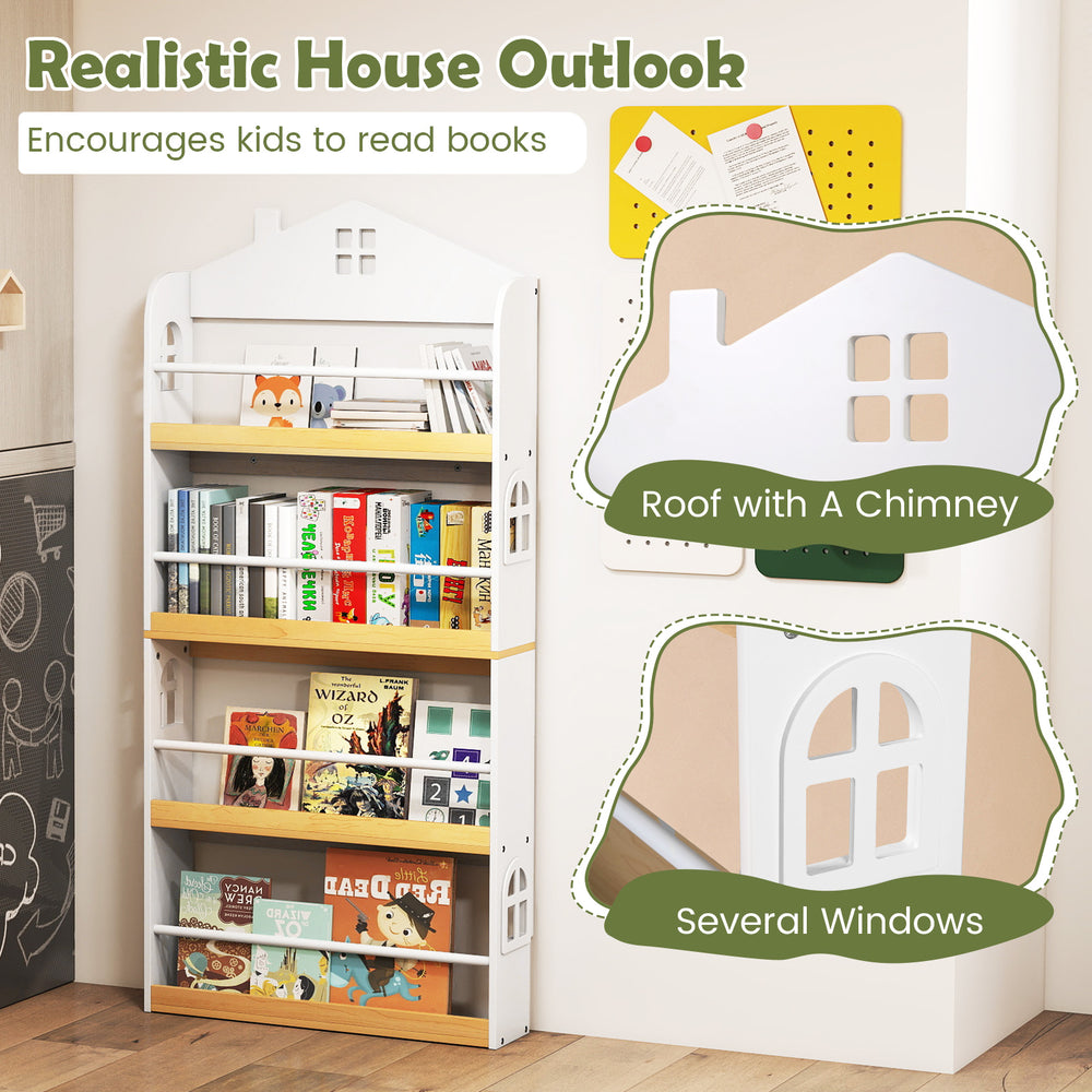 House-shaped kids bookshelf in white with 4 tiers, anti-falling baffles, and realistic roof design for safe book.