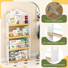 House-shaped kids bookshelf in white with anti-falling baffles, 4 tiers for books, ideal for playroom or nursery.
