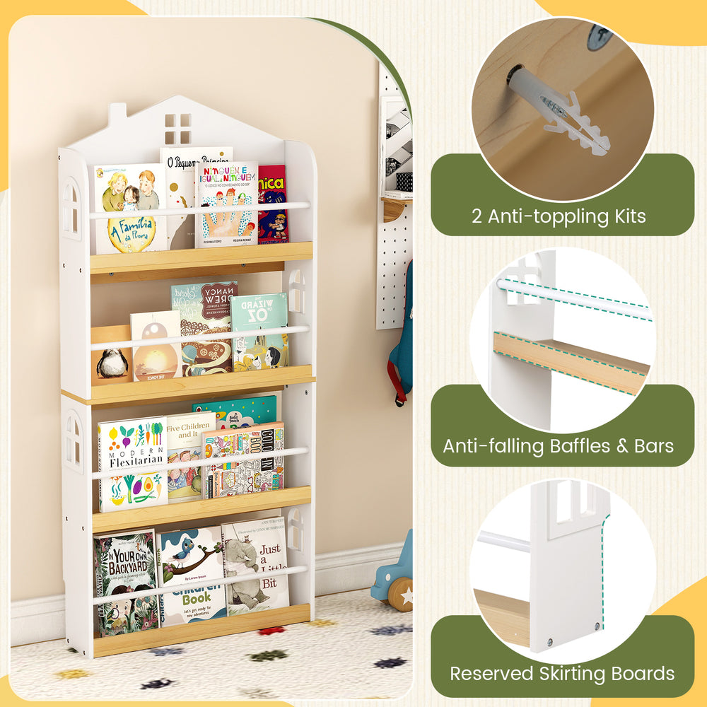 House-shaped kids bookshelf in white with anti-falling baffles, 4 tiers for books, ideal for playroom or nursery.