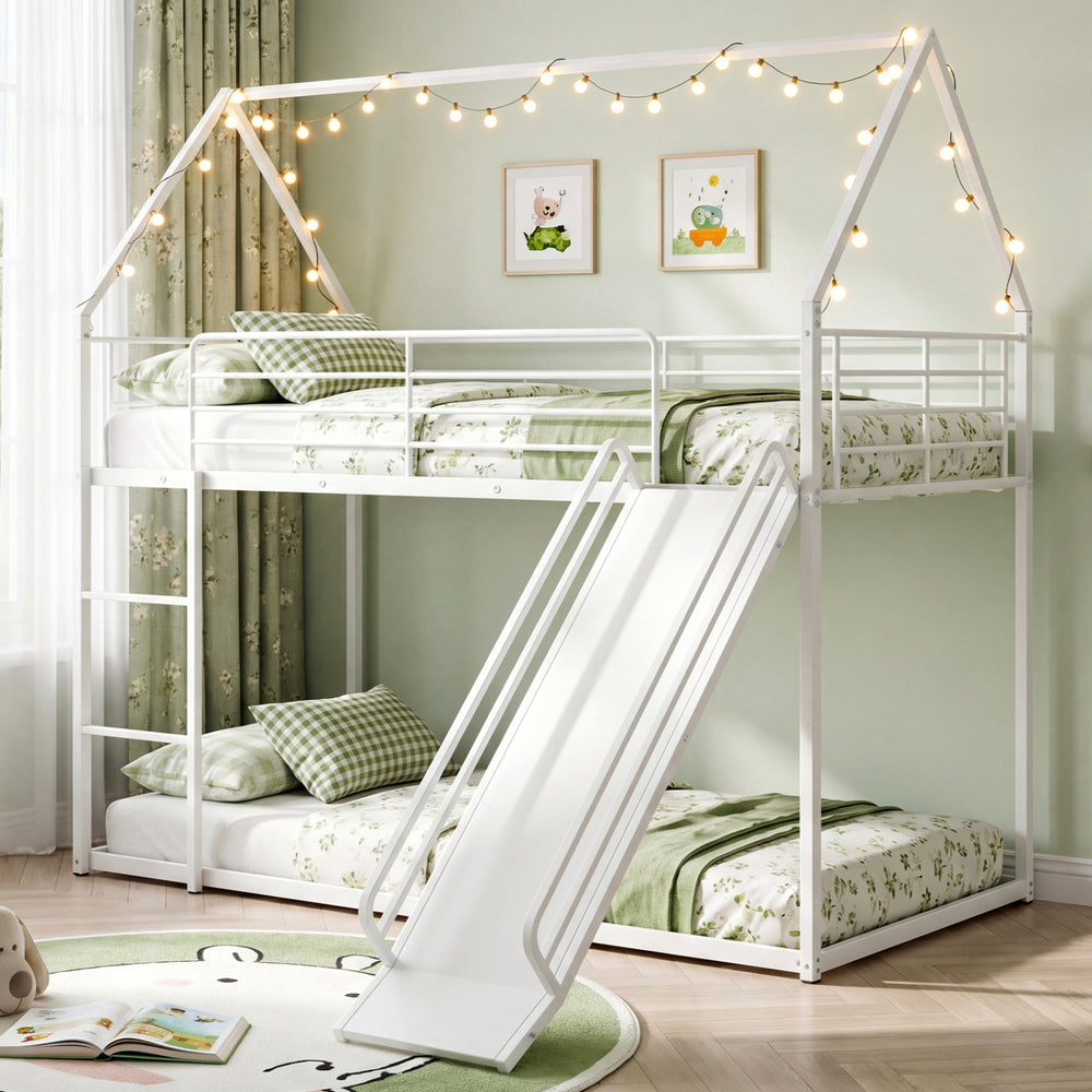 House-shaped Metal Twin Over Twin Low Bunk Bed-White - Gallery View 1 of 10