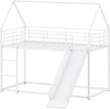 House-shaped metal twin over twin low bunk bed in white with slide, perfect for children's bedrooms or playrooms.