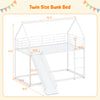 House-shaped metal twin over twin low bunk bed in white with slide, dimensions 76.5" x 41.5" x 71.5".