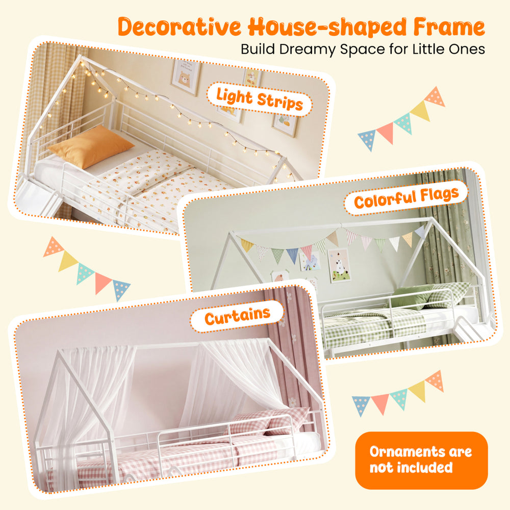 House-shaped metal twin over twin low bunk bed in white, styled with light strips, colorful flags, and curtains.