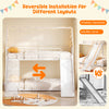 House-shaped metal twin over twin low bunk bed in white with safety handrails and reversible installation for flexible.