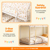 House-shaped metal twin over twin low bunk bed in white with safety guardrail and 2-step ladder for easy access.