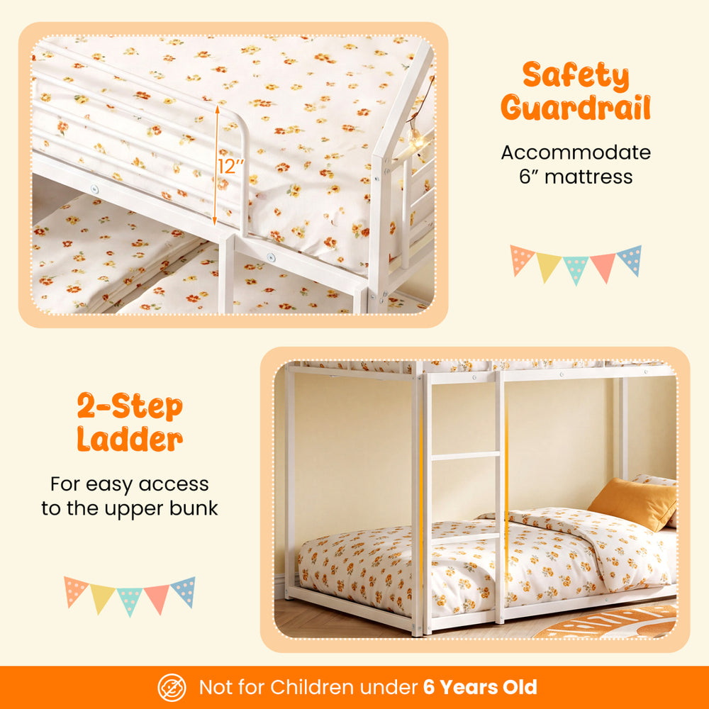 House-shaped metal twin over twin low bunk bed in white with safety guardrail and 2-step ladder for easy access.