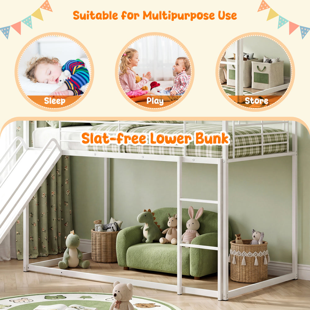 House-shaped metal twin over twin low bunk bed in white with slat-free lower bunk for versatile sleep and play.