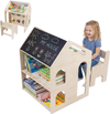 House-shaped wooden activity table and chair set with chalkboard, open shelves, and rounded corners for kids' play and.