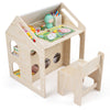 House-shaped wooden activity table and chair set in natural finish, featuring a wide tabletop and open shelves for kids.