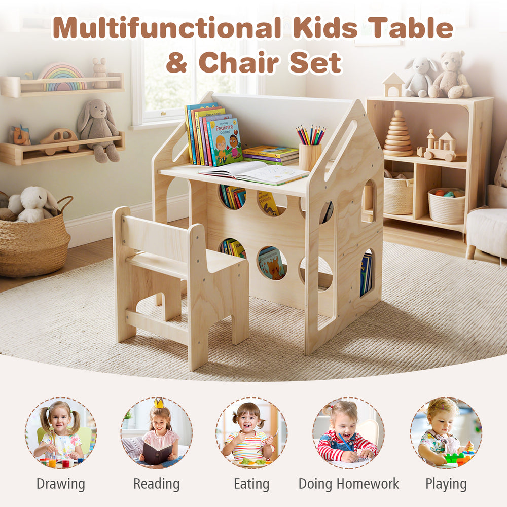 House-shaped wooden kids table and chair set in natural finish, ideal for drawing, reading, and playing.