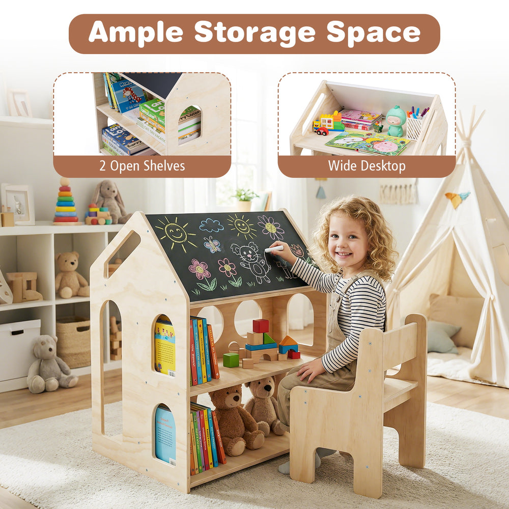 House-shaped wooden kids table and chair set with chalkboard, open shelves, and wide desktop for multifunctional use.
