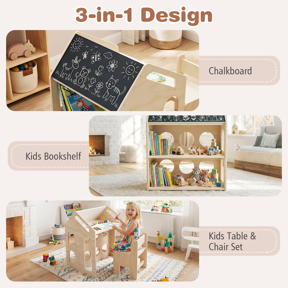 House-shaped wooden kids table and chair set with chalkboard, bookshelf, and storage for playtime and learning.
