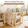House-shaped wooden kids table and chair set with storage, featuring a wide tabletop and two open shelves for.