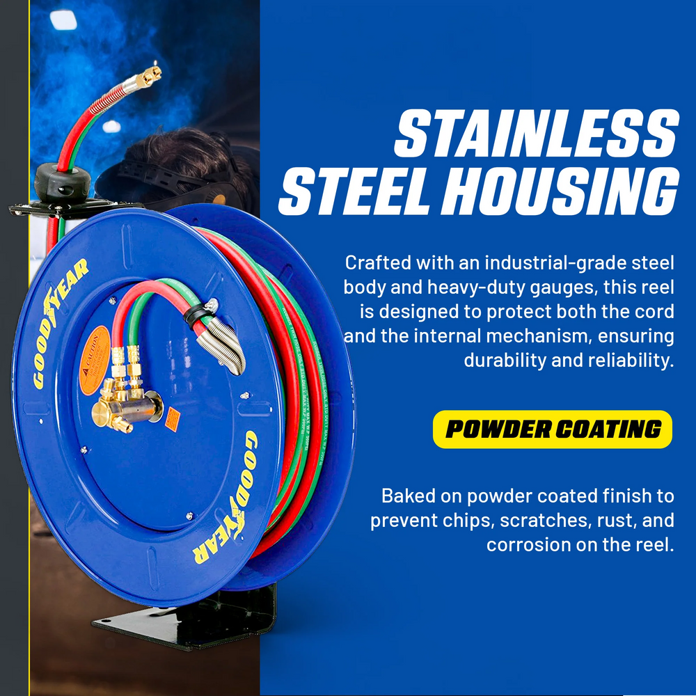 Goodyear GUR079 Welding Hose Reel Retractable 1/4" x 65' Twin Oxy Acetylene Hoses Single Arm 300 PSI New