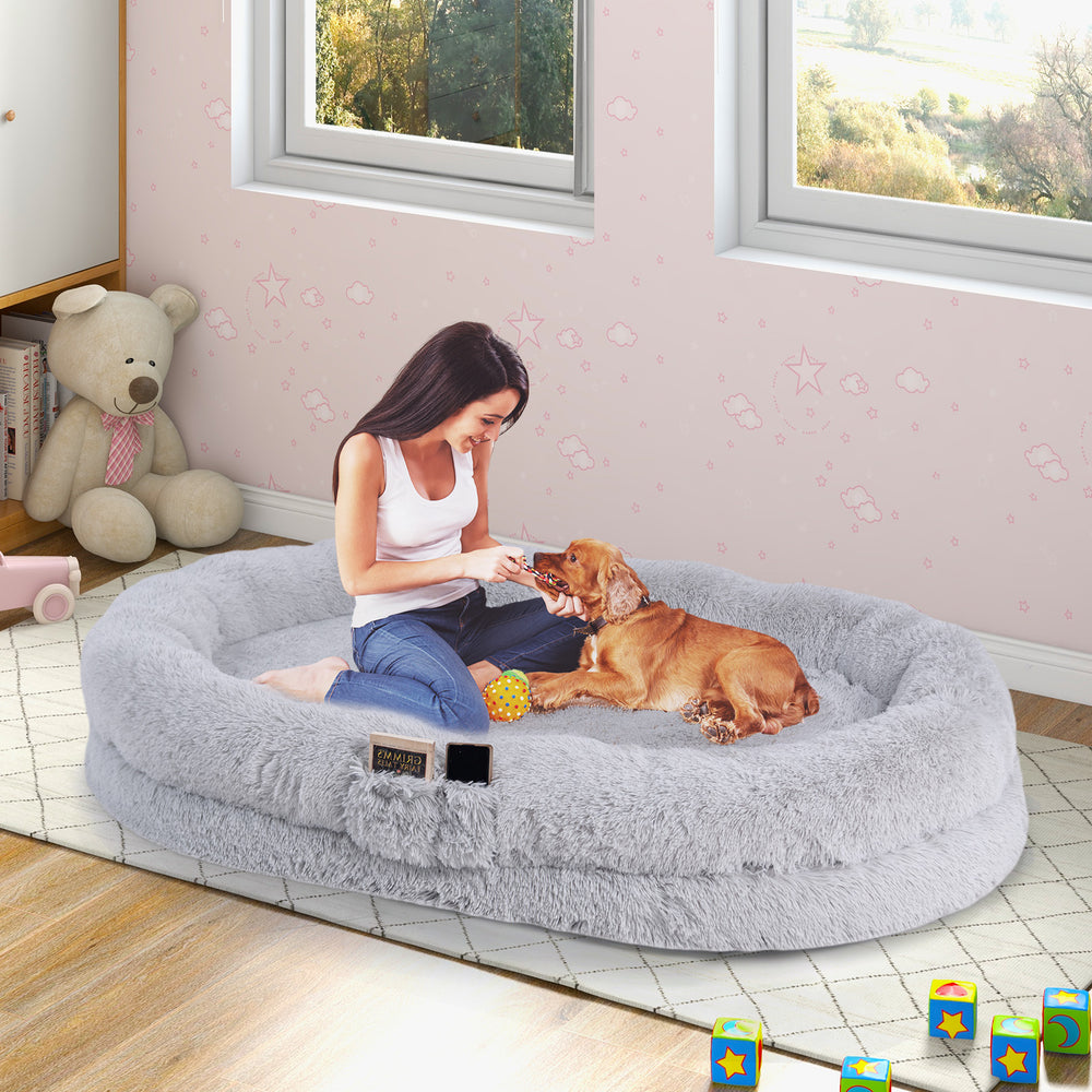 Washable Fluffy Human Dog Bed with Soft Blanket and Plump Pillow-Gray - Gallery View 1 of 9