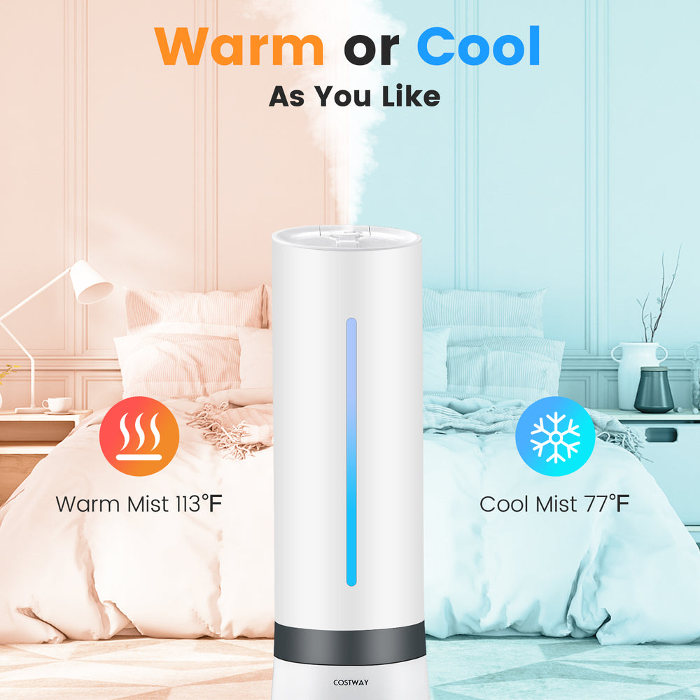 5.5L cool mist humidifier with remote control, showcasing warm mist at 113°F and cool mist at 77°F for versatile.