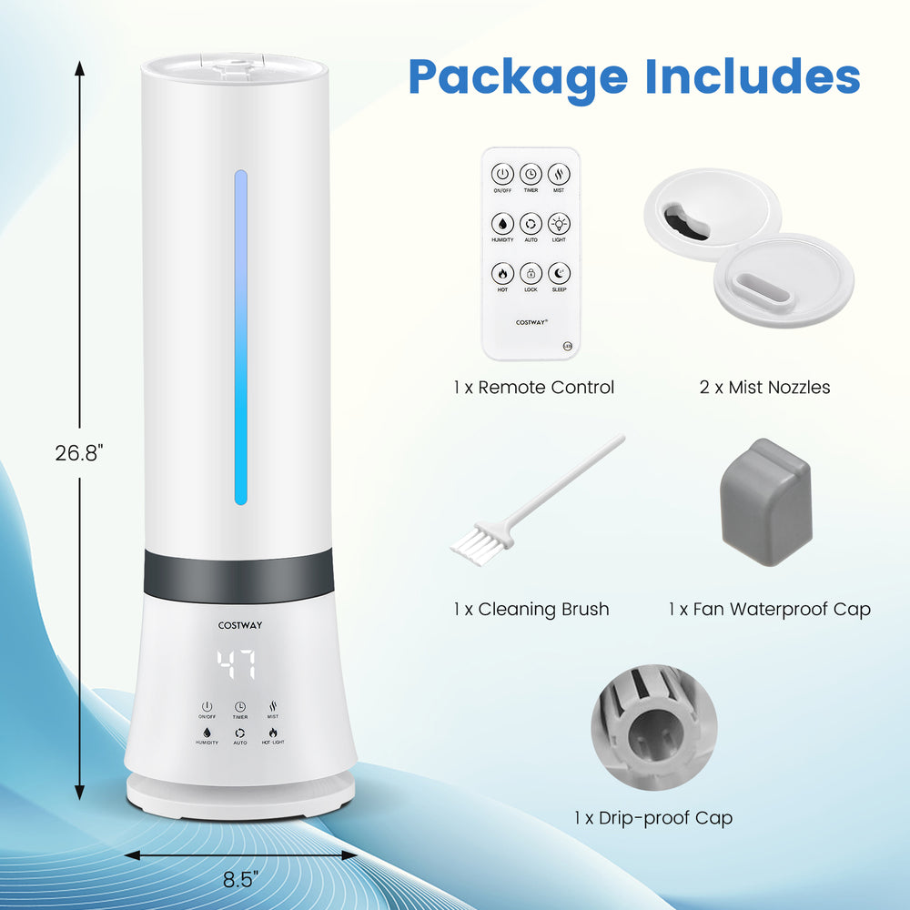 5.5L cool mist humidifier with remote control, featuring a large water tank and two 360° rotatable mist nozzles.