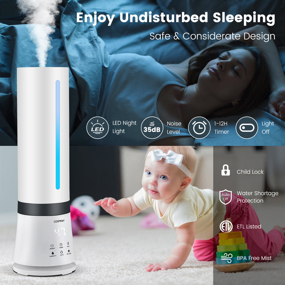 5.5L cool mist humidifier with remote control, featuring a child lock and 12-hour timer for quiet, undisturbed sleep.