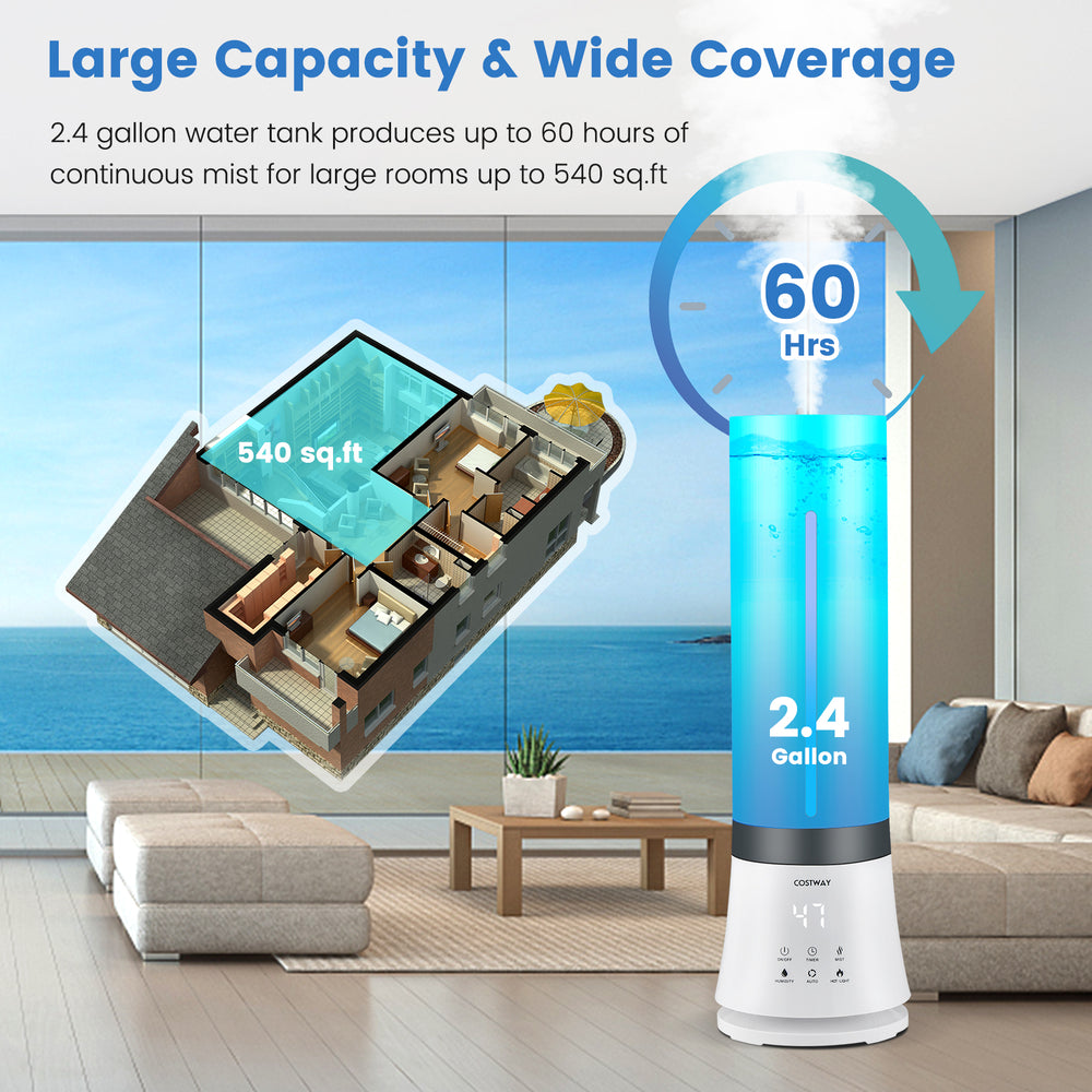 5.5L cool mist humidifier with remote control, showing large water tank and mist coverage for rooms up to 540 sq.ft.
