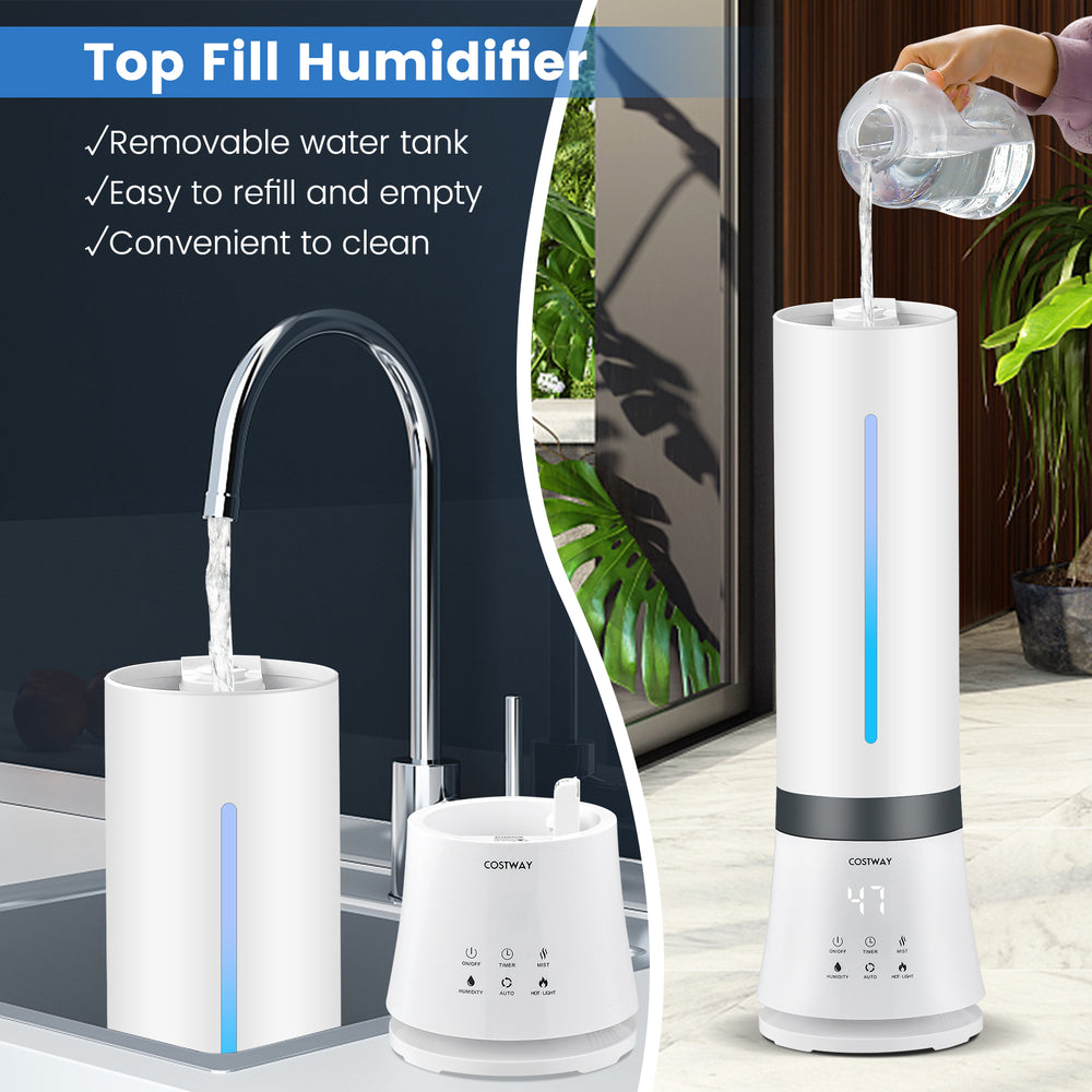 Top fill humidifier with 5.5L water tank, remote control, and 12-hour timer for convenient mist production.