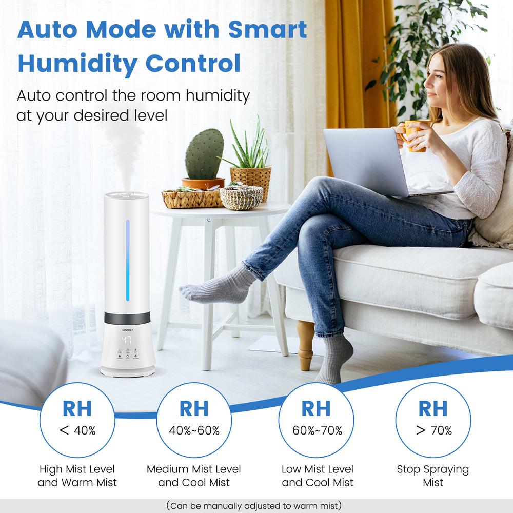 5.5L cool mist humidifier with remote control, featuring a sleek design and auto humidity control for home comfort.