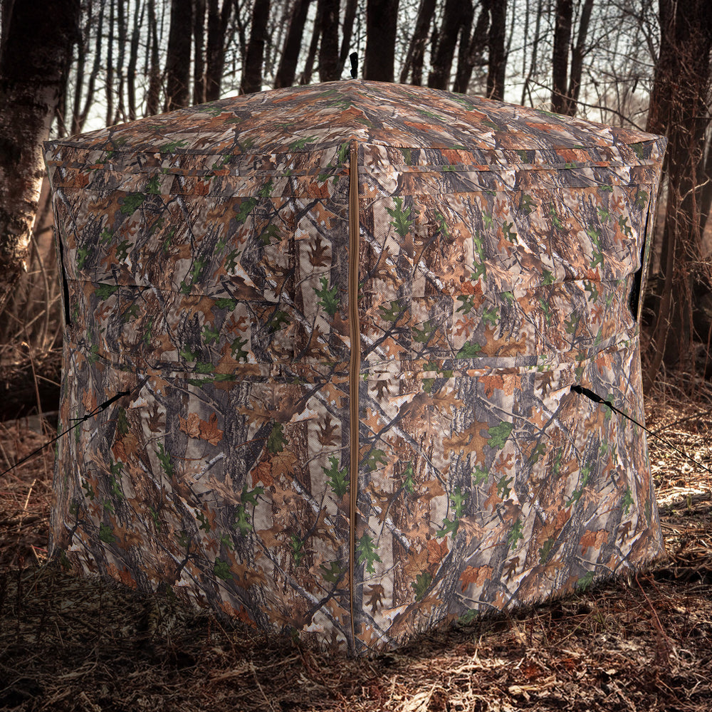 360-degree camouflage hunting blind with one-way see-through panels, designed for 2-3 hunters, ideal for outdoor.