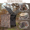 Full-open front door of the Hunting Blind with camouflage pattern, designed for easy access for wheelchair users.