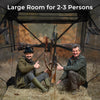 Hunting blind for 2-3 persons with 360-degree visibility, featuring camouflage patterns and large windows for optimal.
