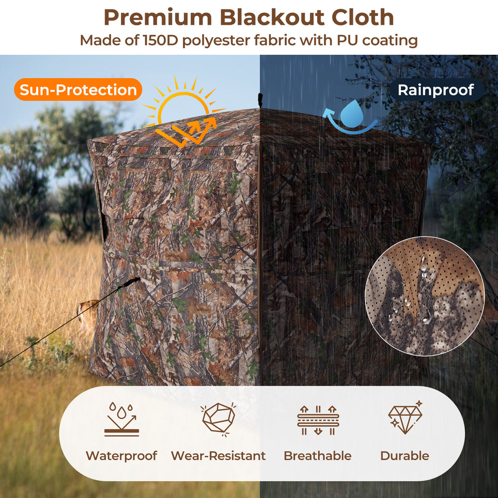 Hunting blind with camouflage pattern, made of 150D polyester, features 360-degree visibility and large windows for.
