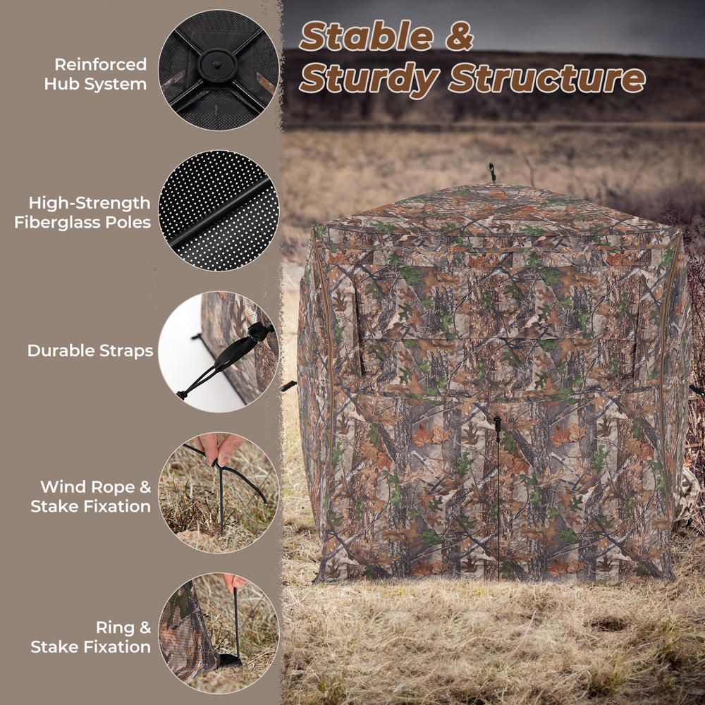 Hunting blind featuring camouflage design, 360-degree visibility, and durable 150D polyester for effective concealment.