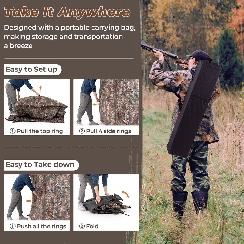 Hunting blind with camouflage pattern, featuring 360-degree visibility and spacious interior for 2-3 hunters, ideal for.