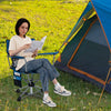 Portable foldable hunting chair with 360° swivel seat, blue fabric, and side storage pockets for camping and outdoor.