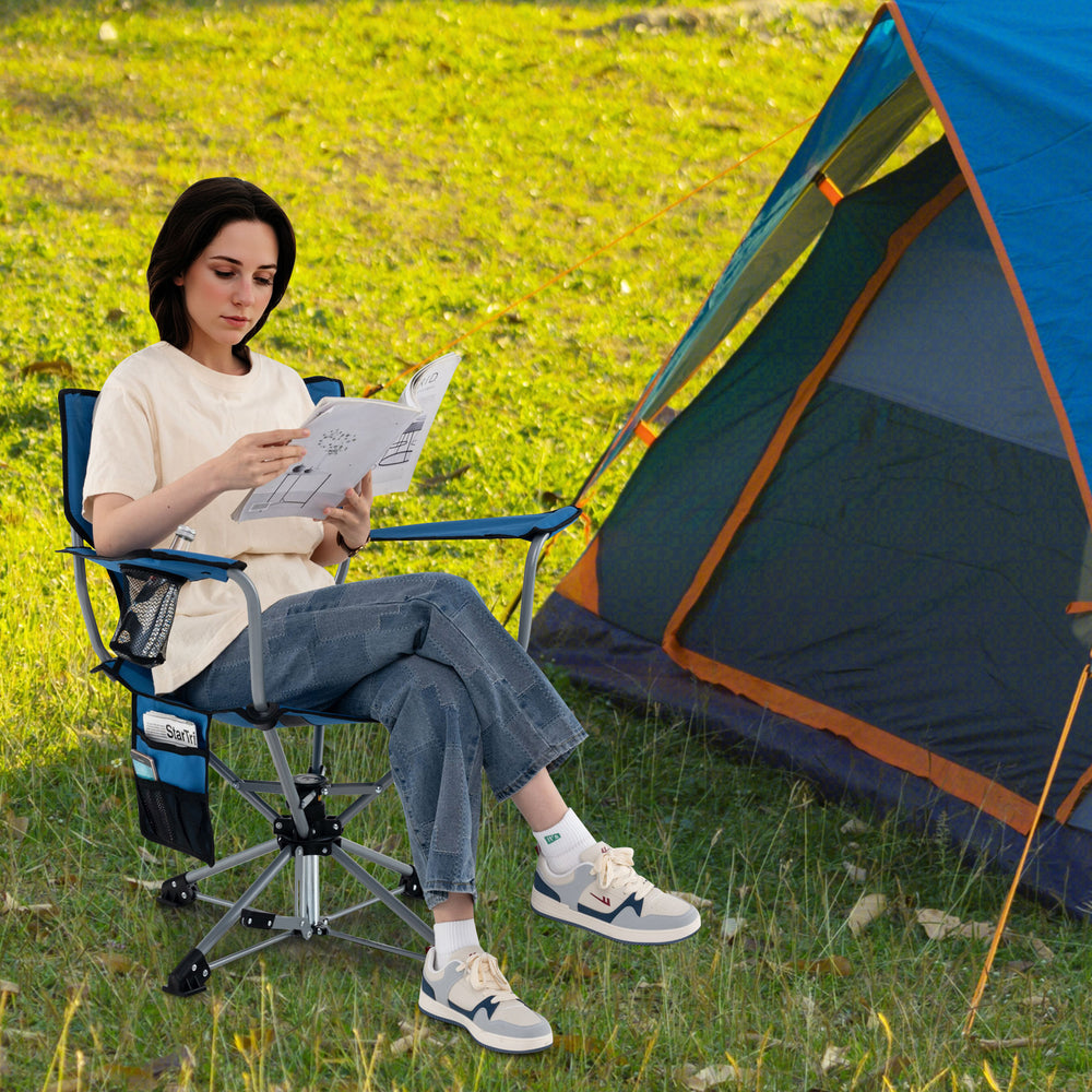 360° Swivel Hunting Chair Portable Foldable Hunting Chair with Mesh Cup Holder and Storage Pockets-Blue - Gallery View 1 of 11