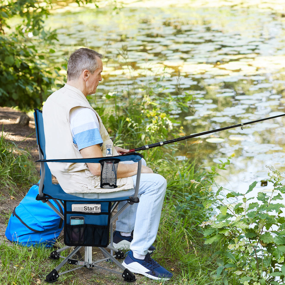 360° swivel hunting chair in blue with mesh cup holder and storage pockets, perfect for fishing and outdoor activities.