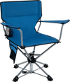 Blue portable hunting chair with a comfortable fabric seat, sturdy metal frame, and mesh cup holder for outdoor use.