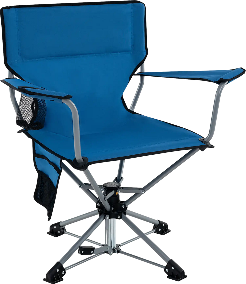 Blue portable hunting chair with a comfortable fabric seat, sturdy metal frame, and mesh cup holder for outdoor use.