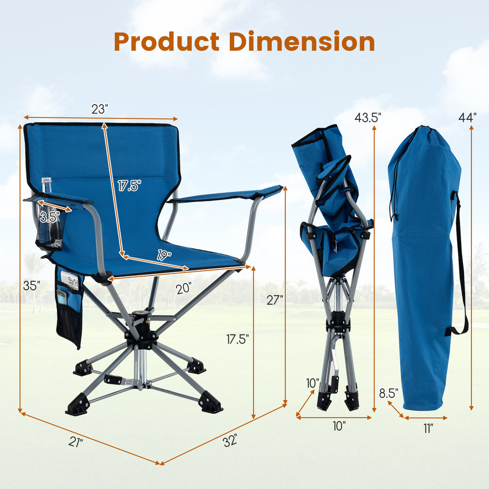 Portable foldable hunting chair in blue with dimensions, featuring a 360° swivel seat and storage pockets for.